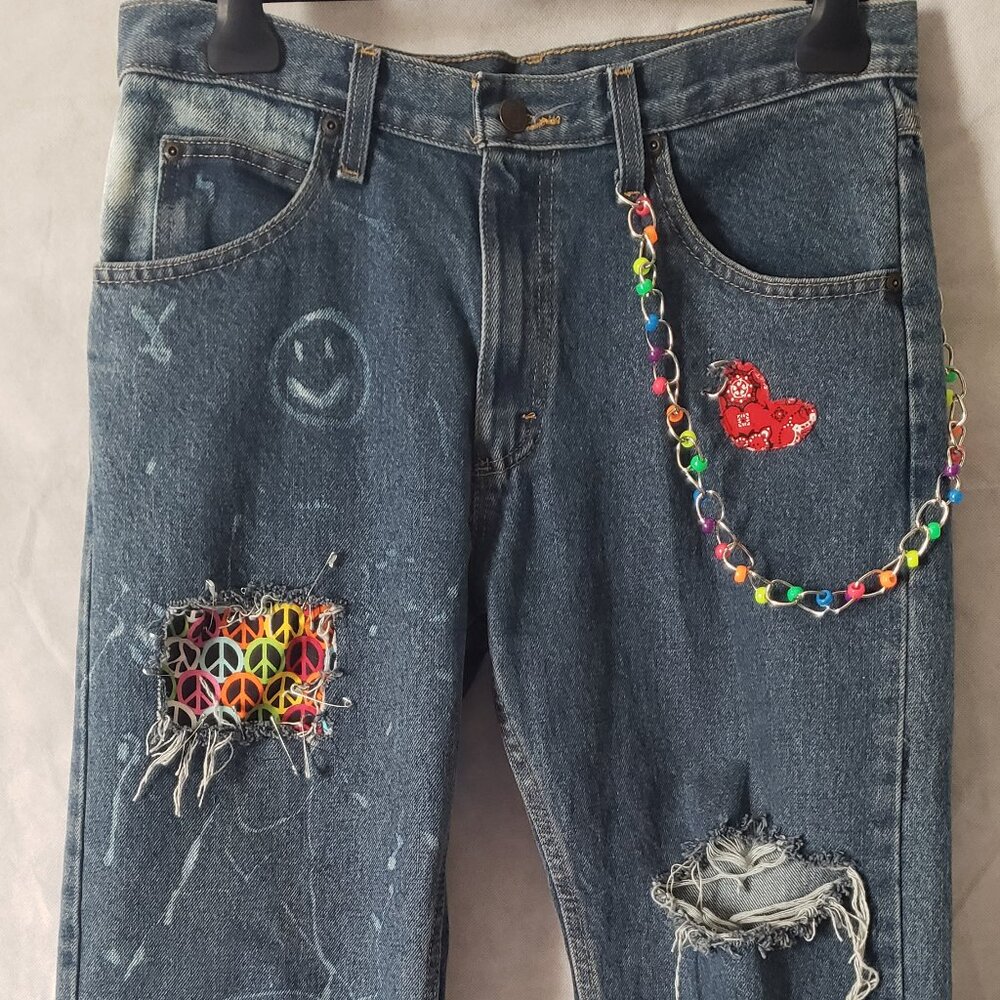 Peace Wrangler Gypsy Jeans Premium 60s 70s Boho Denim Hippie Groovy Upcycle Men